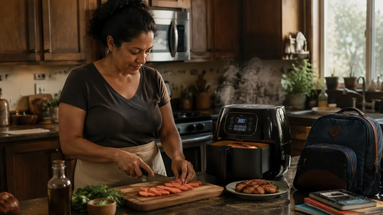 A home kitchen counter at dinnertime with a digital air fryer running next to a cutting board of chopped vegetables