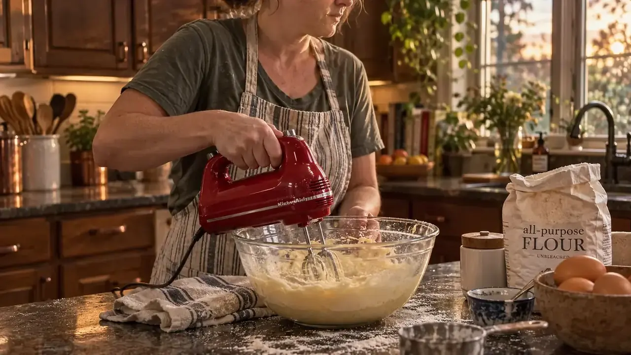 A red hand mixer sitting on a flour-dusted kitchen counter next to a mixing bowl of cake batter