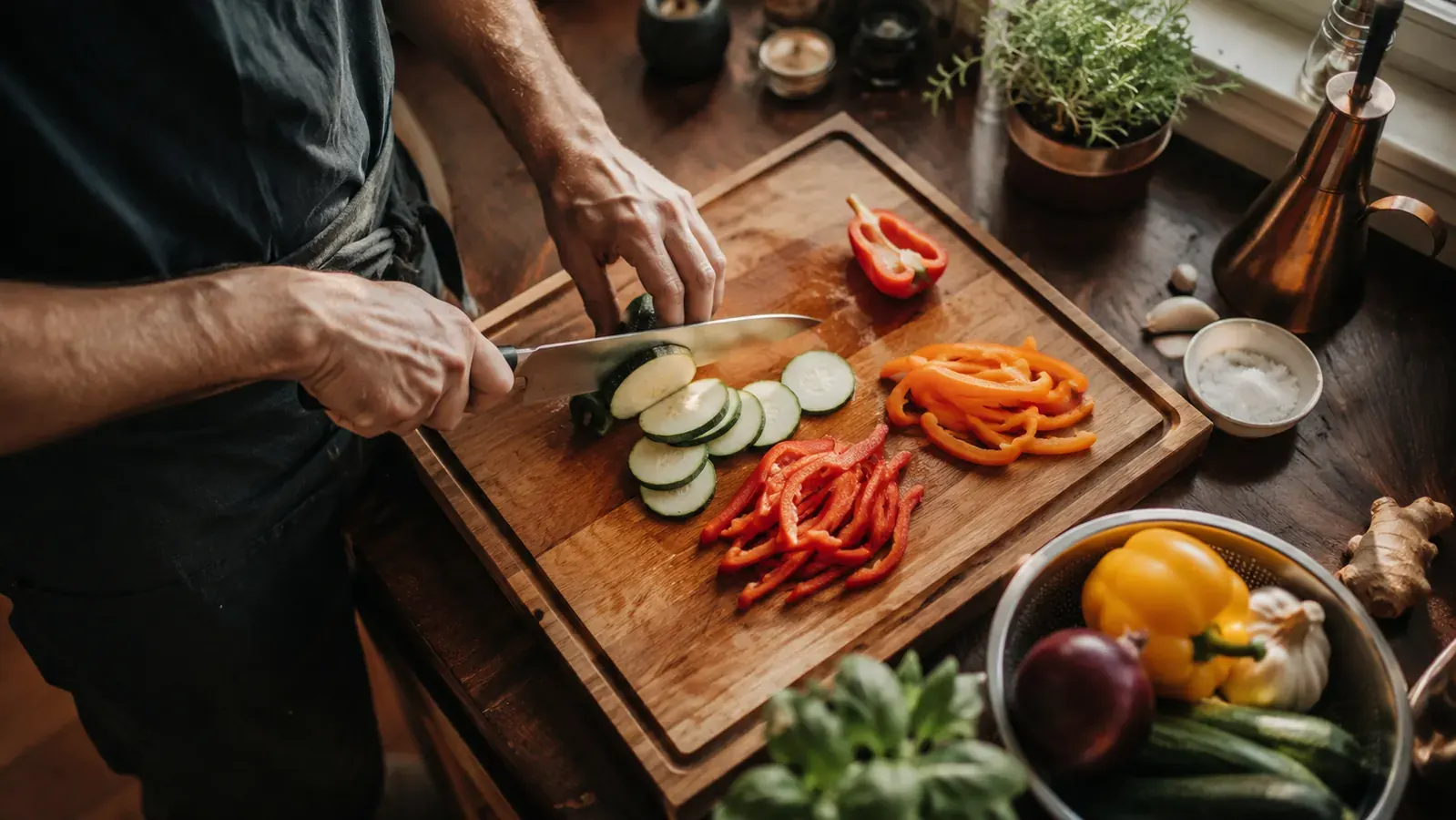 A sharp chef's knife resting on a wood cutting board next to sliced vegetables in a warm home kitchen