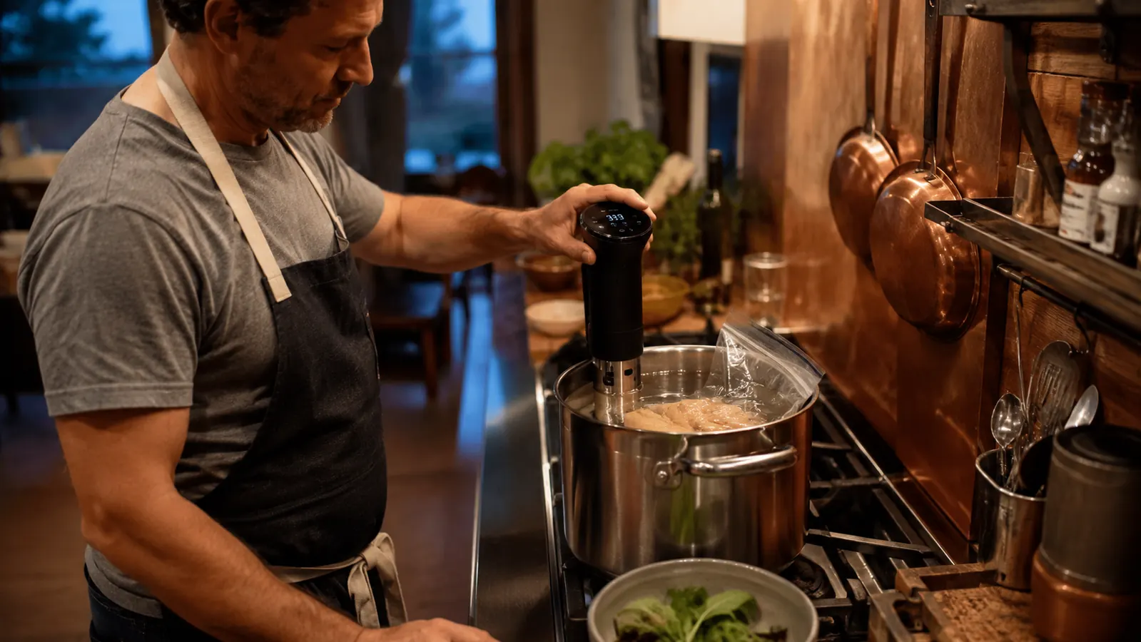 Anova Precision Cooker Nano clipped to a stockpot on a home kitchen counter during weeknight dinner prep