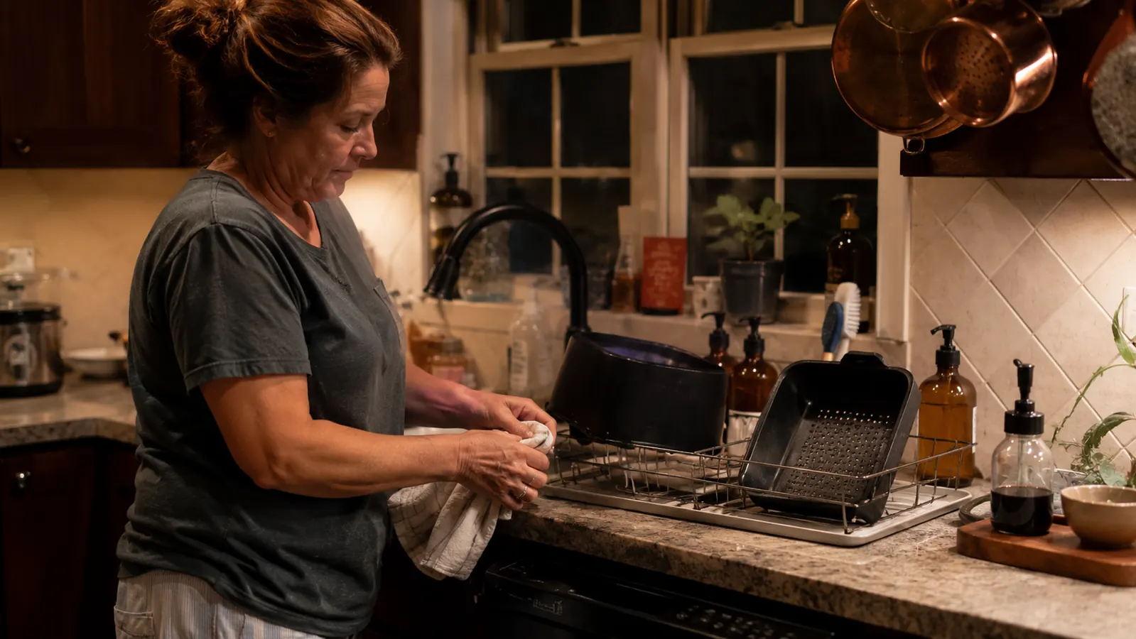 A tidy kitchen counter at the end of the night with the air fryer basket drying on a dish rack