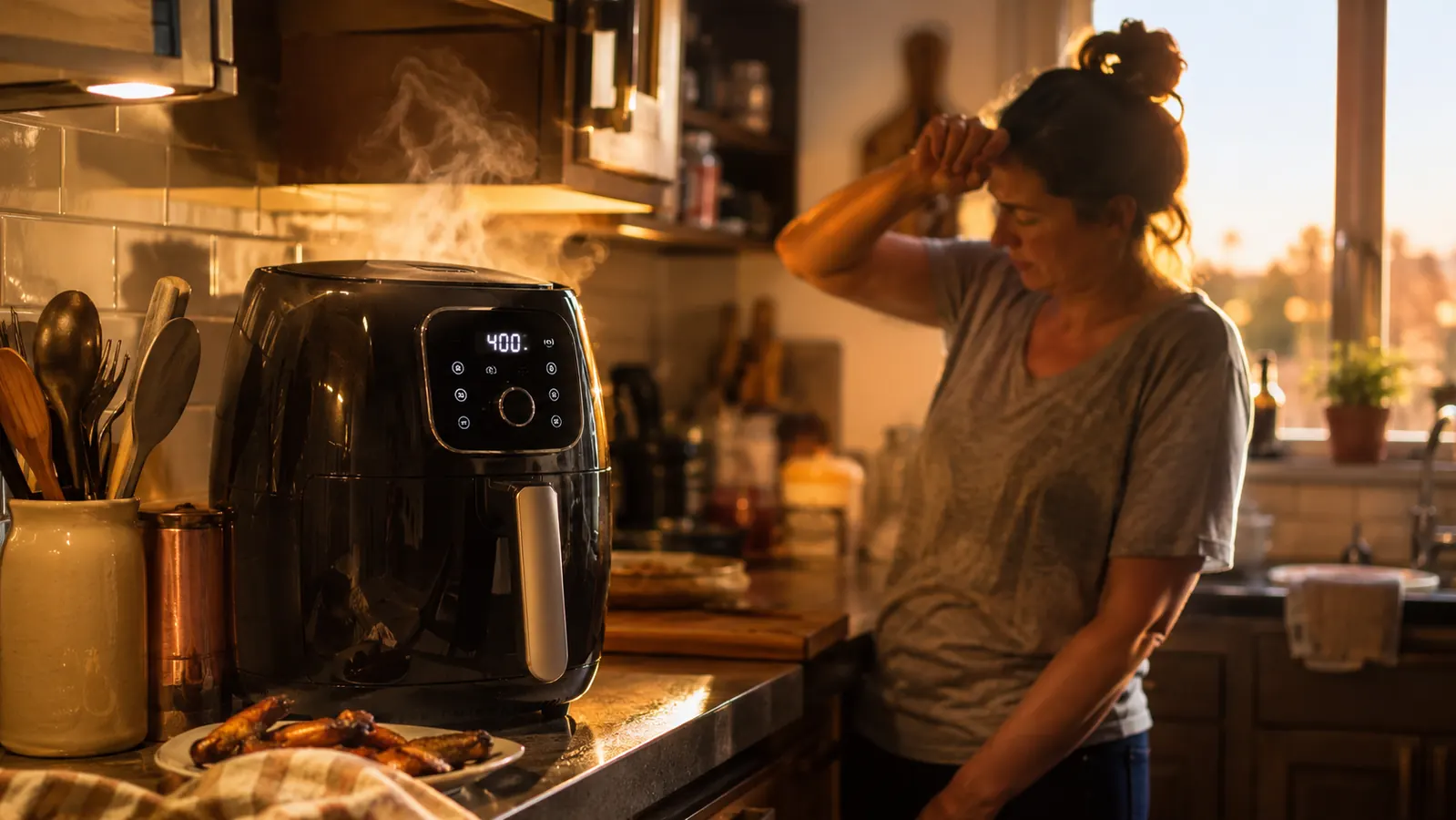 A home kitchen counter at dusk with a countertop air fryer running next to a cutting board of chopped vegetables