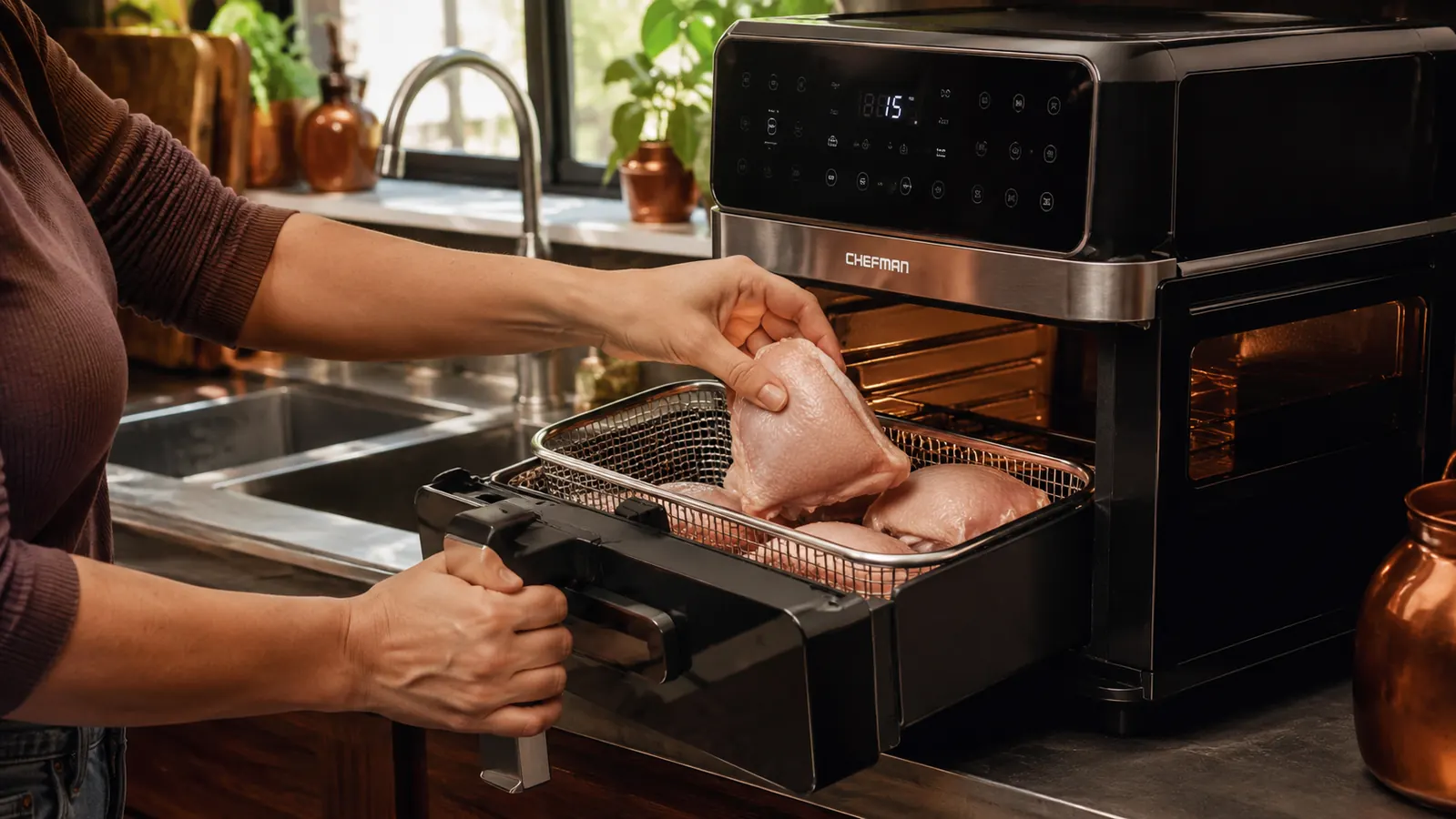 Hand placing a basket of seasoned chicken thighs into the Chefman air fryer drawer