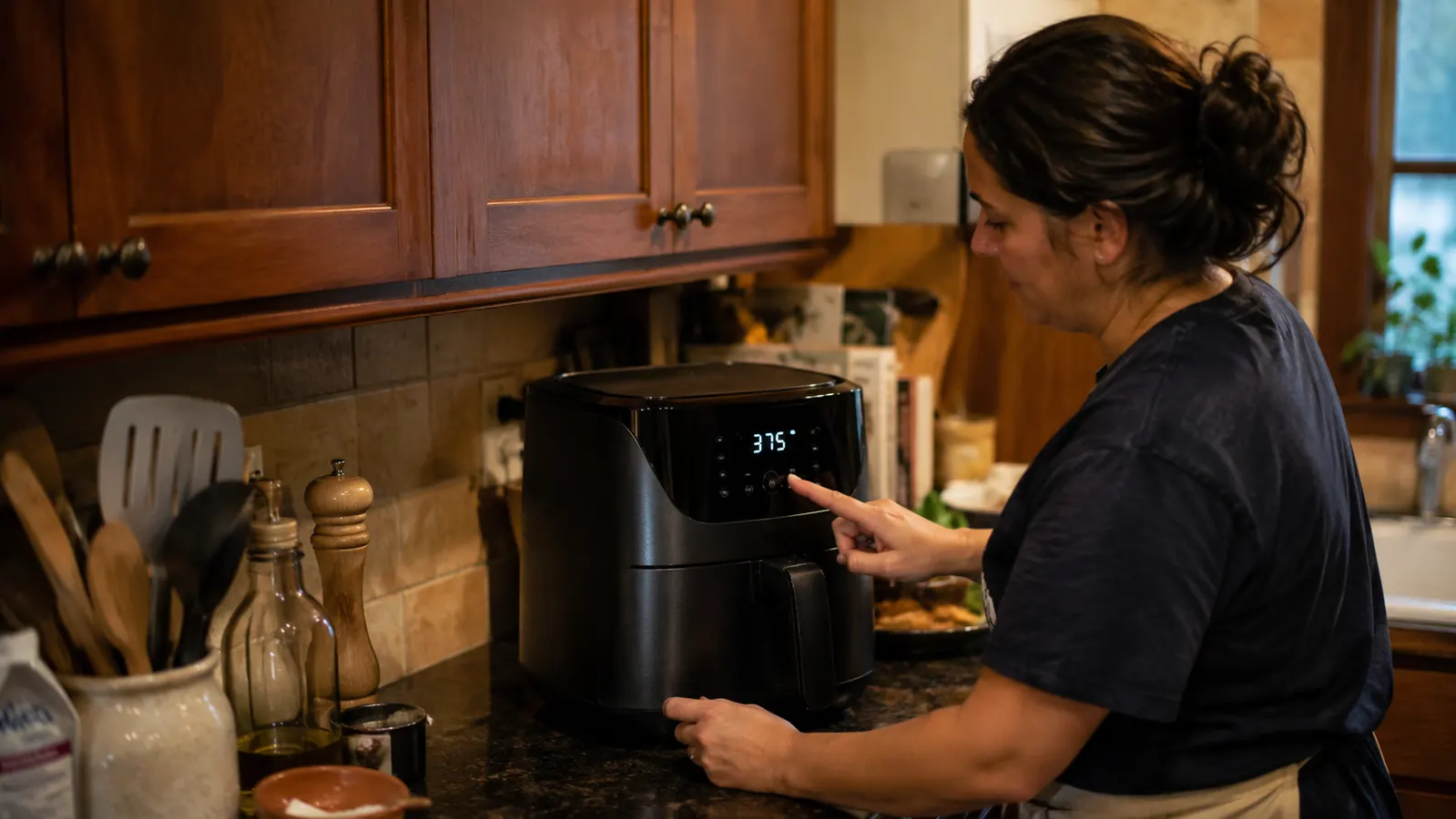 Chefman digital air fryer sitting on a kitchen counter next to a cutting board of chicken thighs