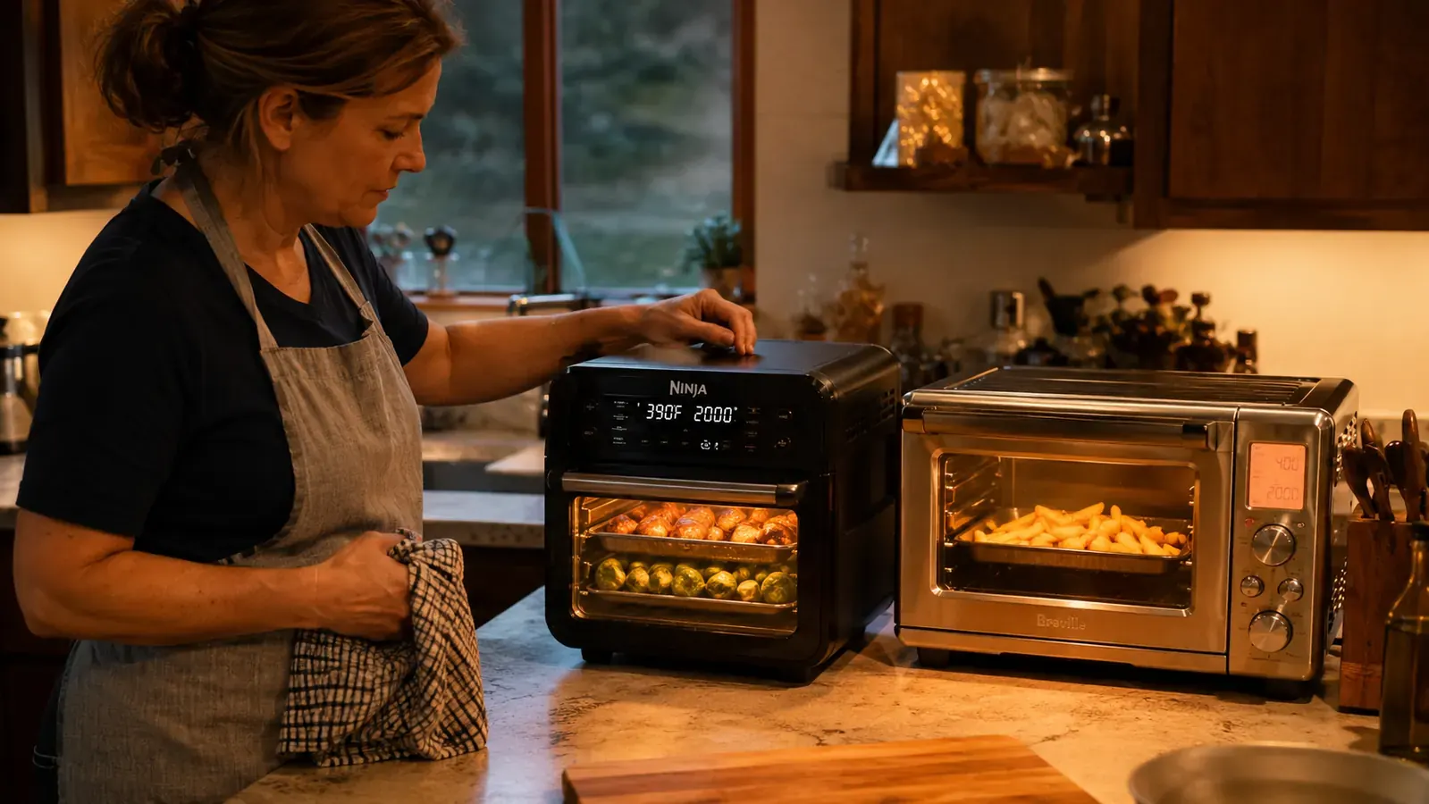 A Chefman digital air fryer and a countertop convection oven sitting side by side on a kitchen counter