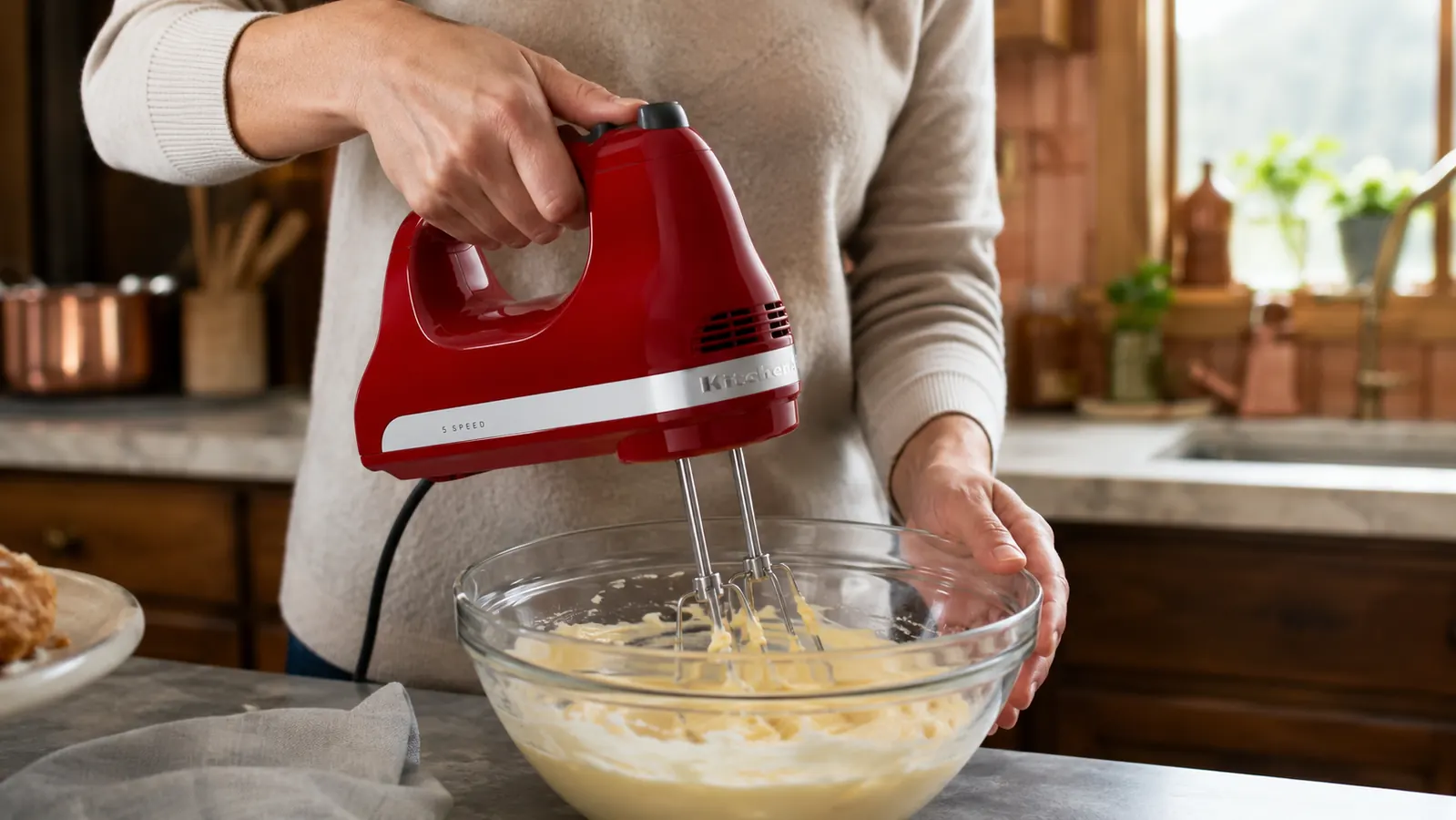 Hand holding a red hand mixer creaming butter and sugar in a glass bowl on a kitchen counter