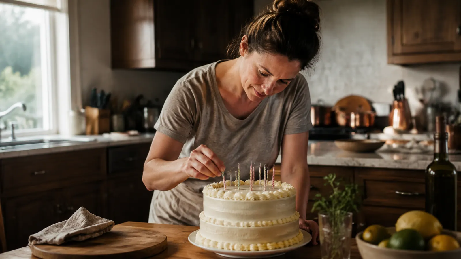 A finished layered birthday cake with buttercream frosting sitting on a kitchen table