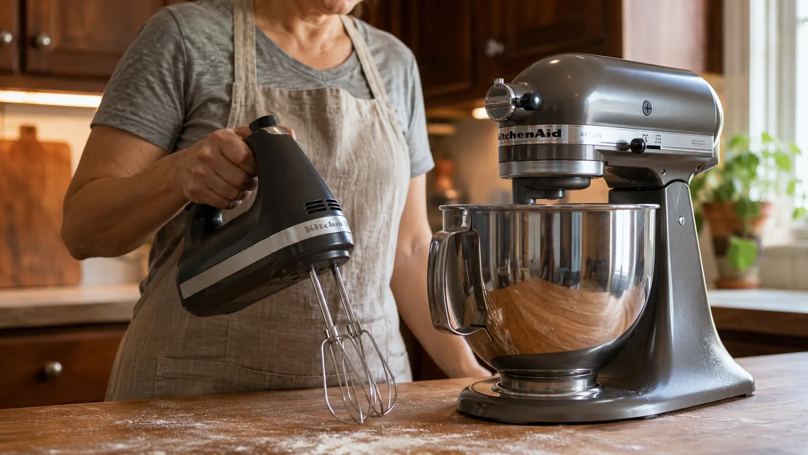 A KitchenAid hand mixer and a stand mixer side by side on a kitchen counter