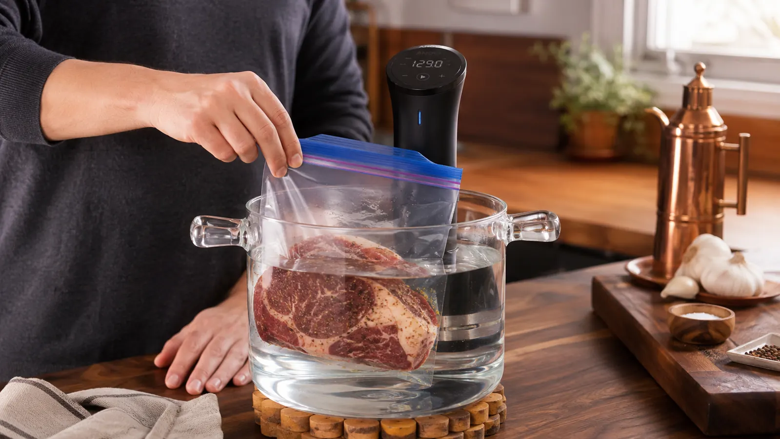Hand lowering a bagged raw steak into a stockpot of water using the water displacement method