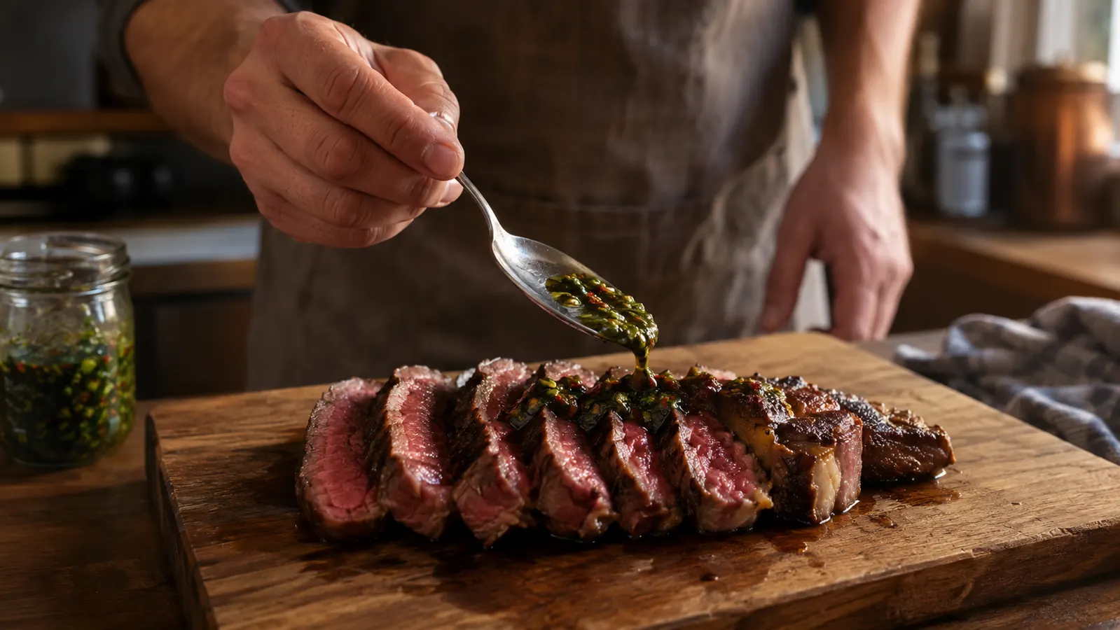 Sliced ribeye steak on a cutting board showing even pink doneness edge to edge with board sauce spooned over the top