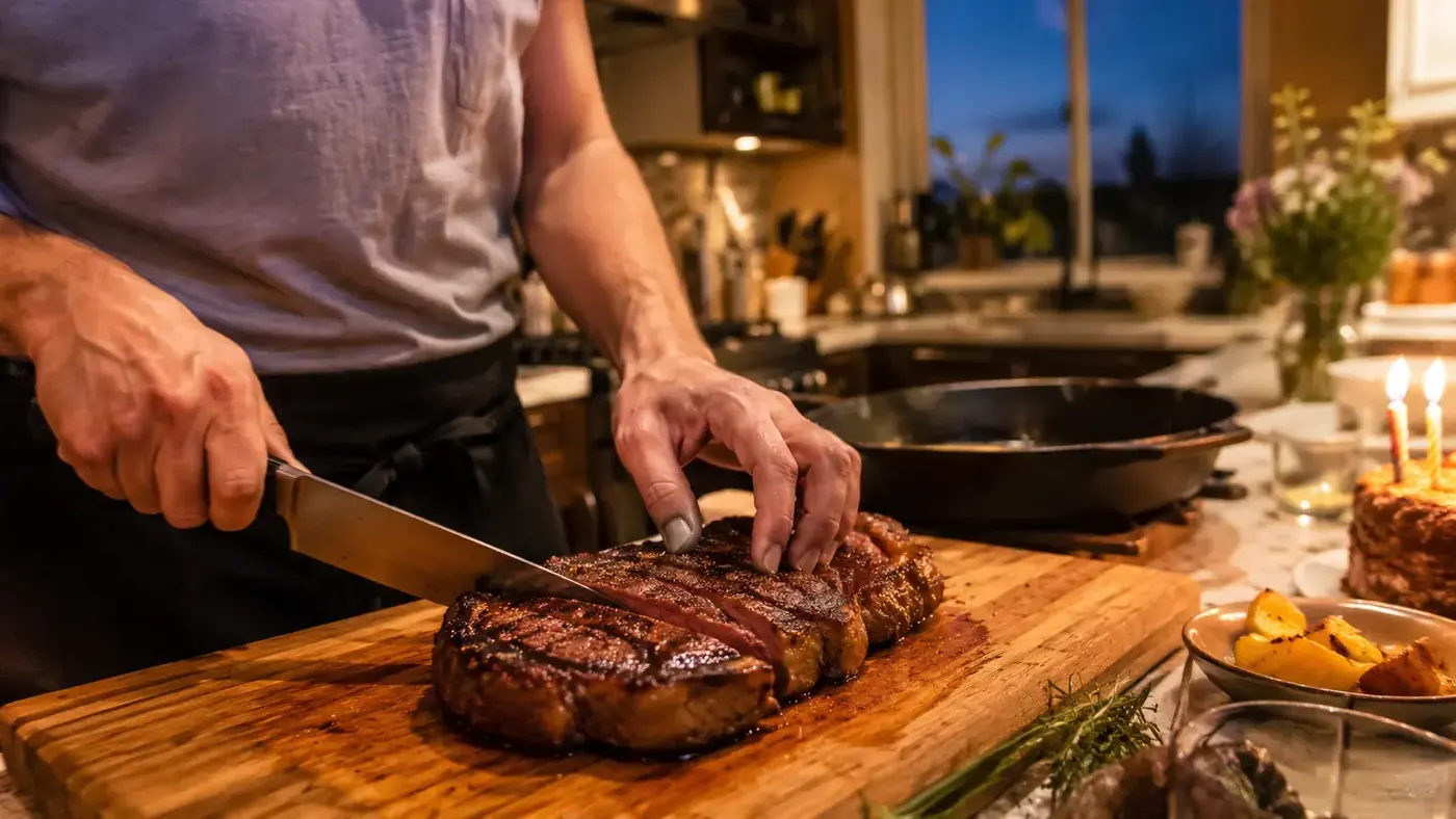 A seared ribeye steak resting on a wood cutting board next to a cast iron pan on a home kitchen counter