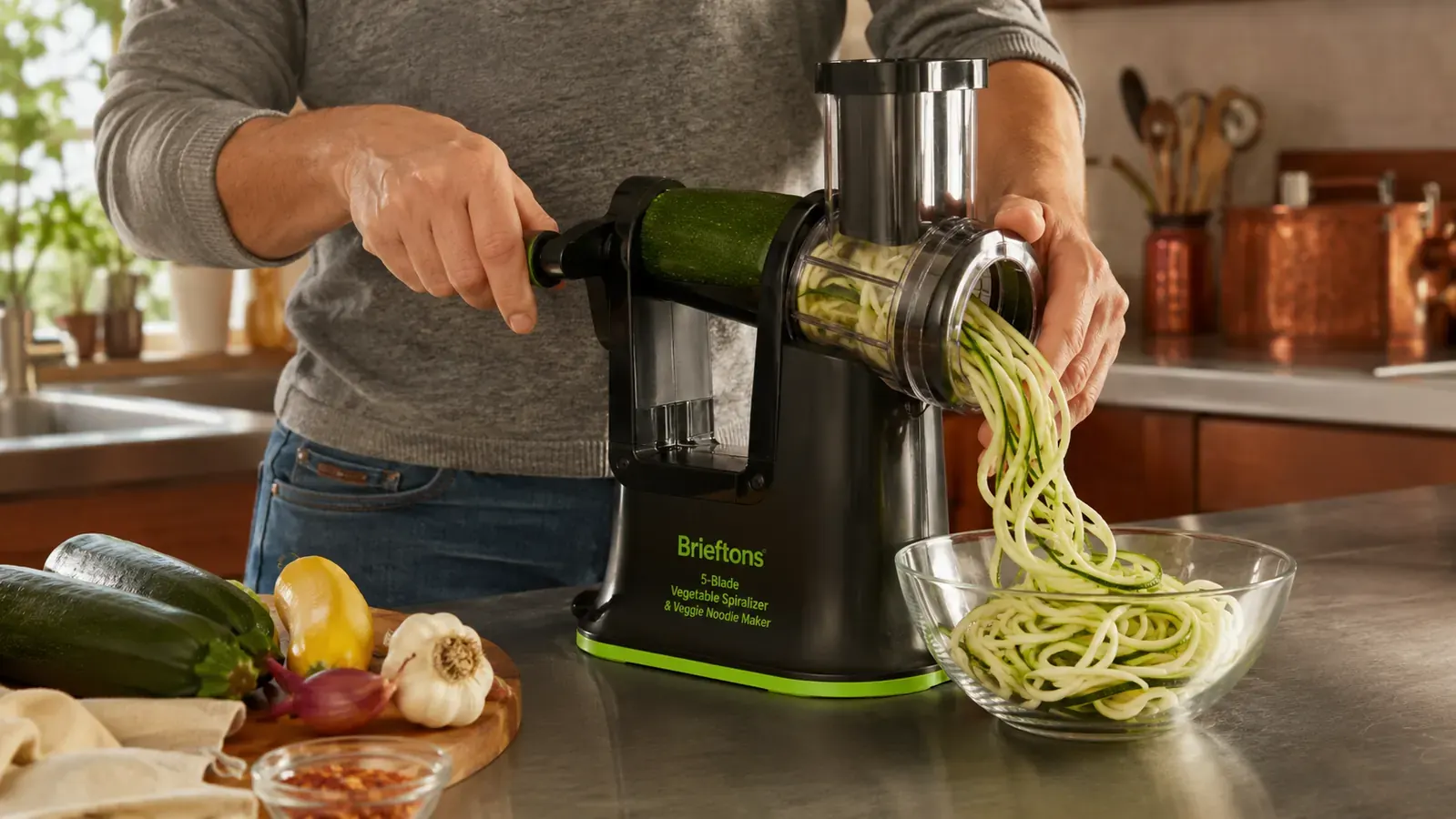 Hand cranking a zucchini through the Brieftons 5-Blade Vegetable Spiralizer with noodles coiling into a bowl below
