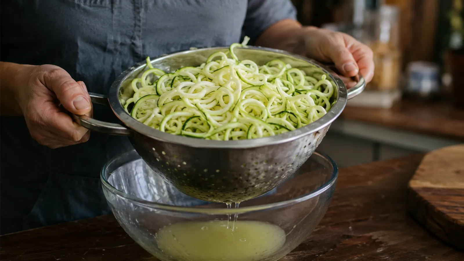 Colander of salted zucchini noodles sitting over a bowl catching drained liquid on a kitchen counter