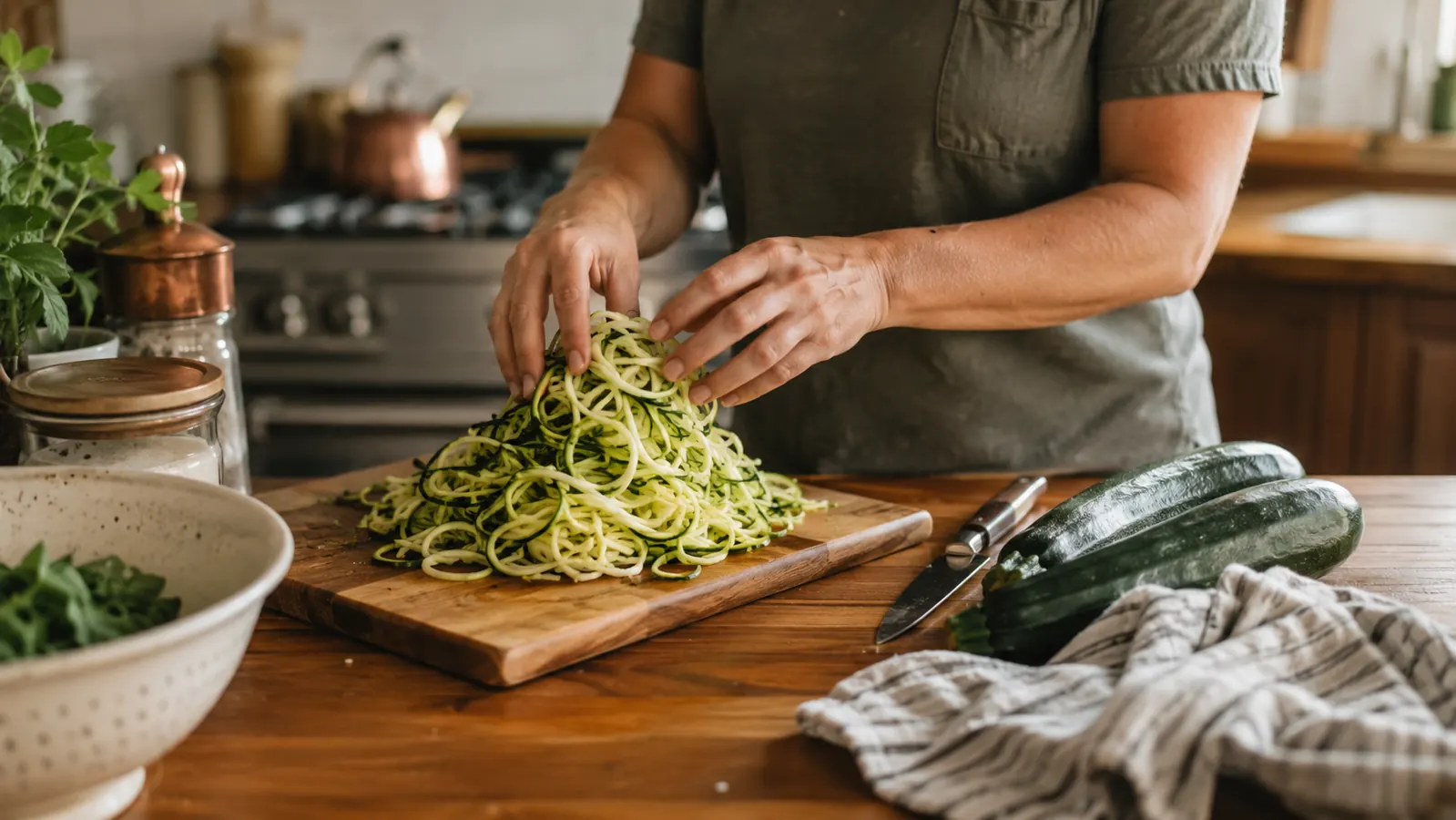 A pile of curly zucchini noodles next to two whole zucchini and a spiralizer on a kitchen counter
