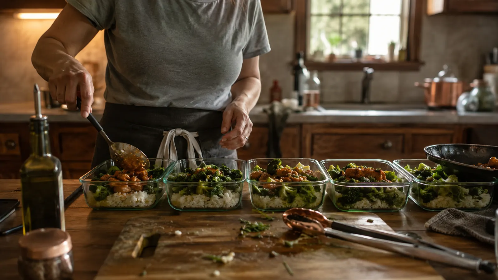 Glass meal prep containers filled with air-fried chicken thighs, broccoli, and sweet potato cubes lined up on a kitchen counter
