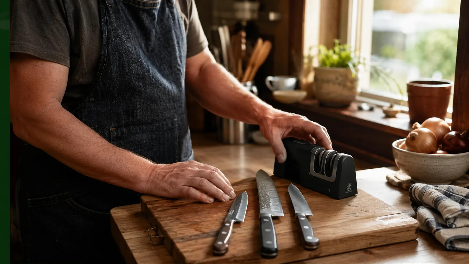 A row of kitchen knives lined up on a wooden cutting board next to the Presto EverSharp electric sharpener, ready to be restored