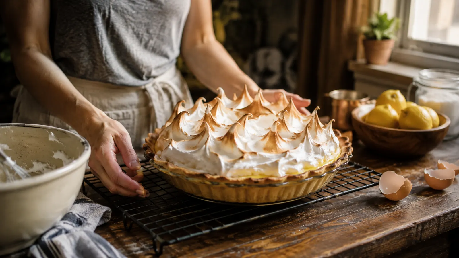 A lemon meringue pie with tall, glossy toasted peaks sitting on a kitchen counter in morning light