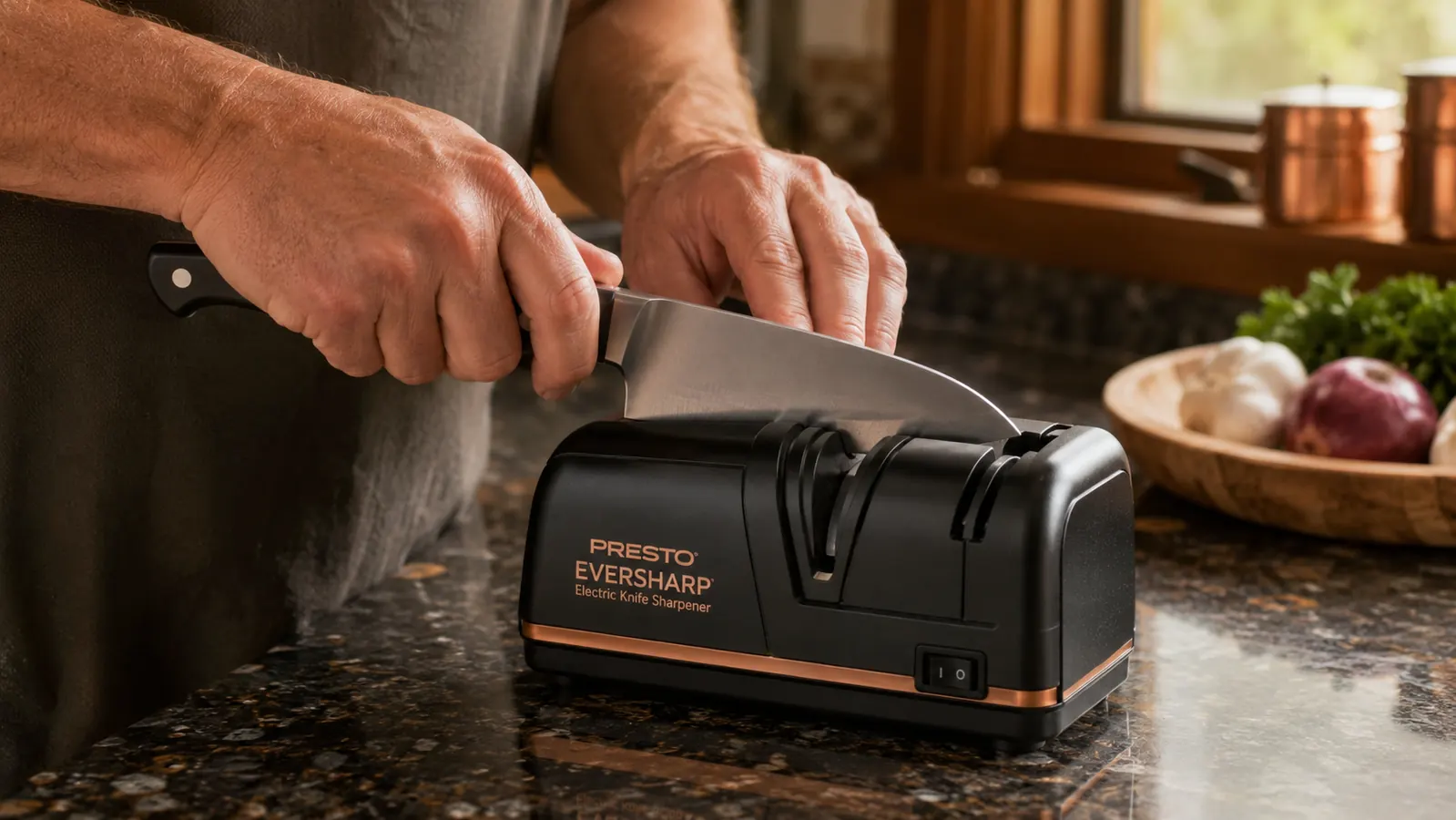 Hands feeding a chef's knife blade through the slots of a Presto electric knife sharpener on a kitchen counter
