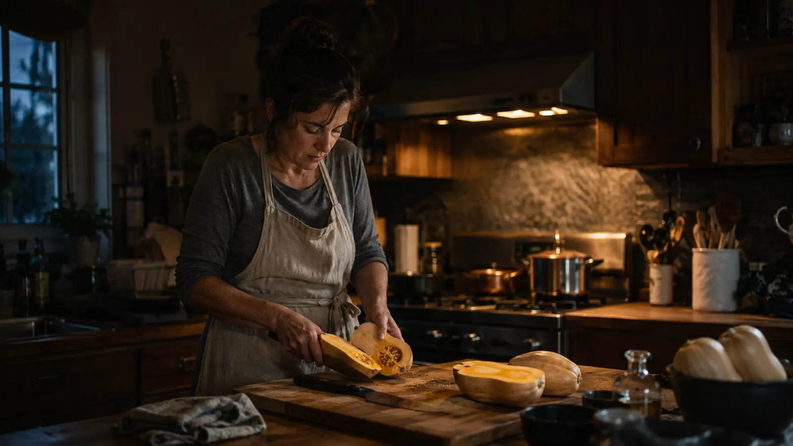 A quiet home kitchen counter at evening with a cutting board, a chef's knife, and a butternut squash half chopped
