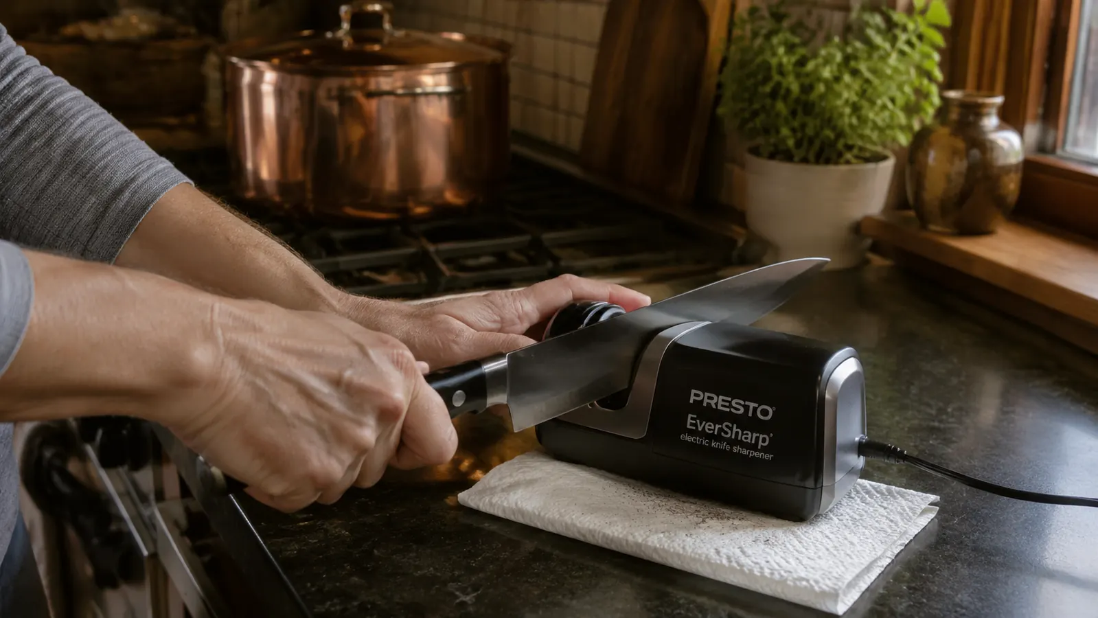 Hand pulling a chef's knife through the coarse slot of the Presto EverSharp sharpener with a paper towel underneath