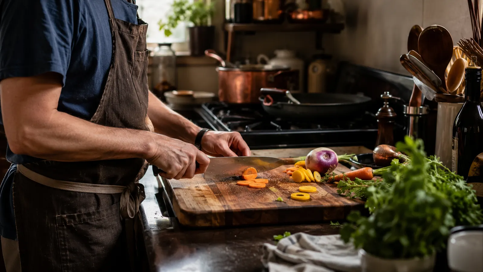 Home kitchen counter with a chef's knife resting on a wood cutting board in morning light