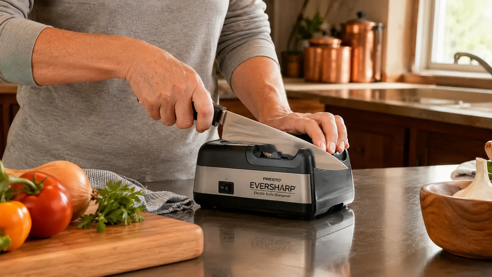 Hand pulling a chef's knife through the coarse slot of the Presto EverSharp sharpener