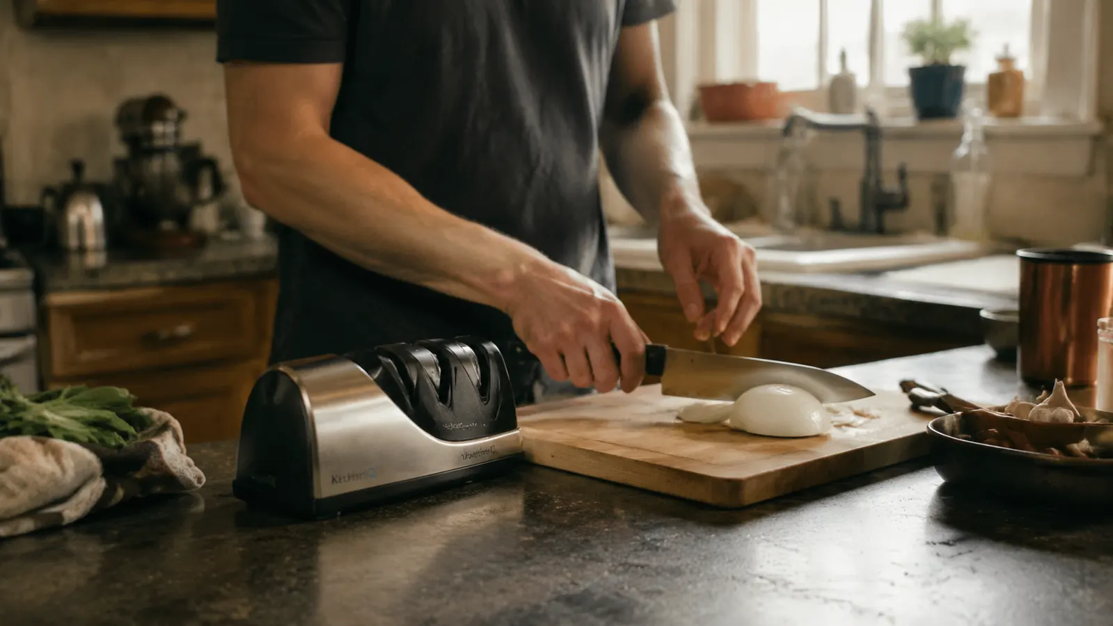 Presto EverSharp electric knife sharpener sitting on a kitchen counter next to a cutting board and a chef's knife