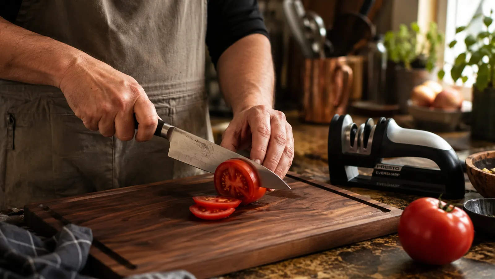 Chef's knife slicing cleanly through a tomato on a wood cutting board with an electric knife sharpener in the background
