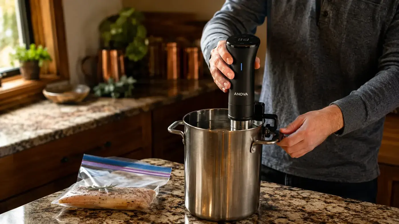 Hands clipping the sous vide cooker onto the side of a stockpot filled with water on a kitchen stovetop