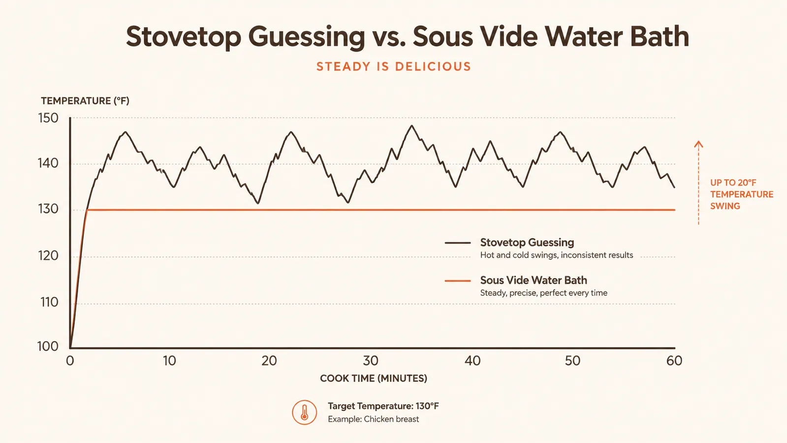 A simple chart comparing stovetop guesswork temperature swings against steady sous vide water bath temperature over cooking time