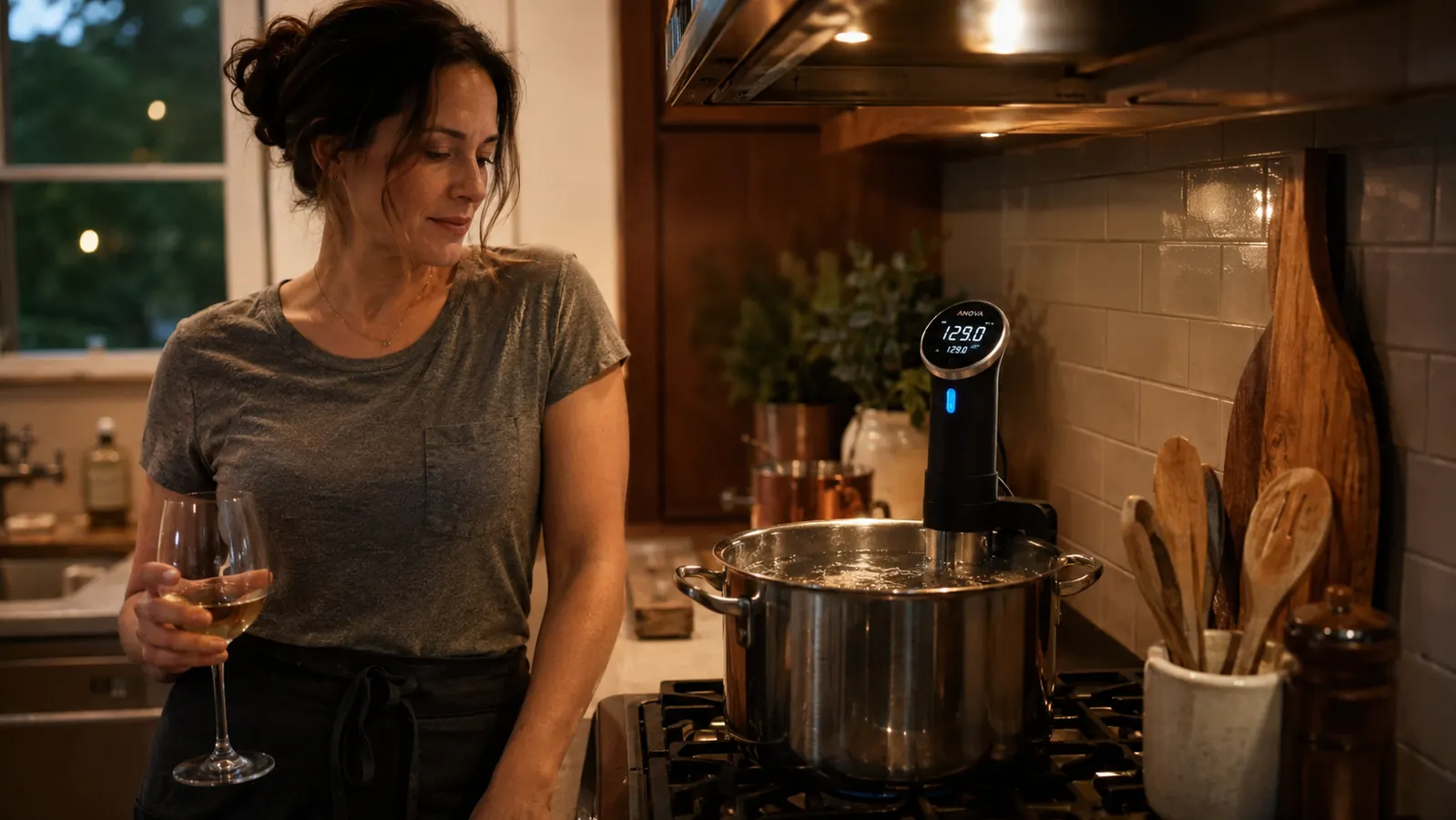 A home kitchen counter in the evening with a sous vide precision cooker clipped to a pot of water, steam rising gently