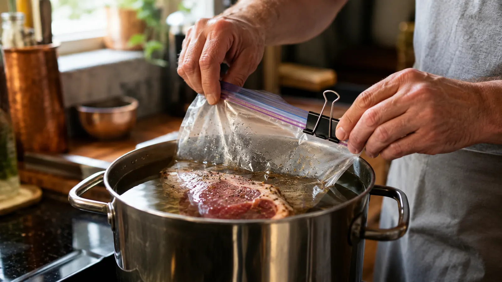 A gallon ziploc bag partially submerged in a stockpot with a chip clip weighing down one corner, water displacement method