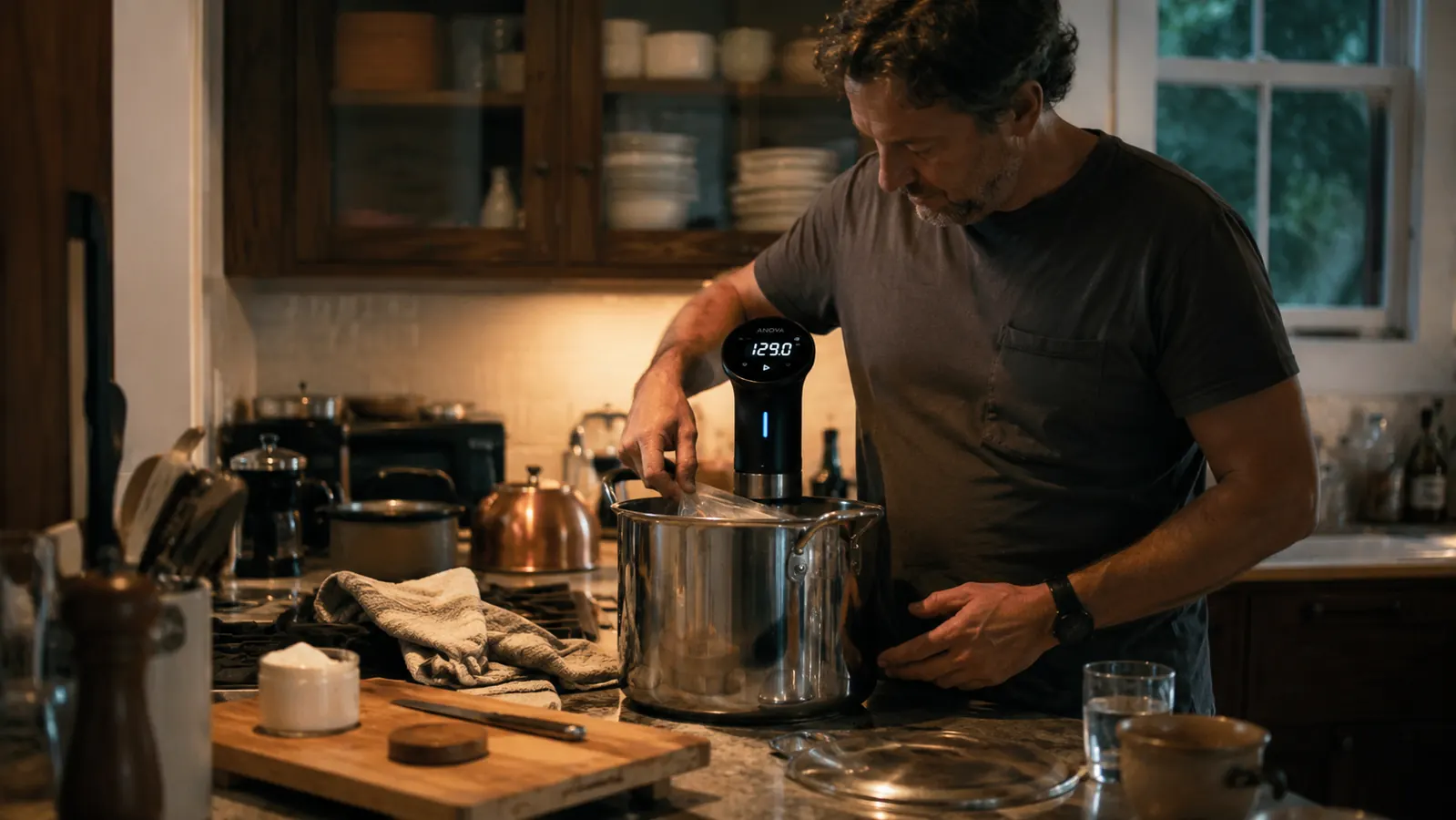 Anova Precision Cooker Nano clipped to a tall stockpot on a cluttered home kitchen counter, steam rising
