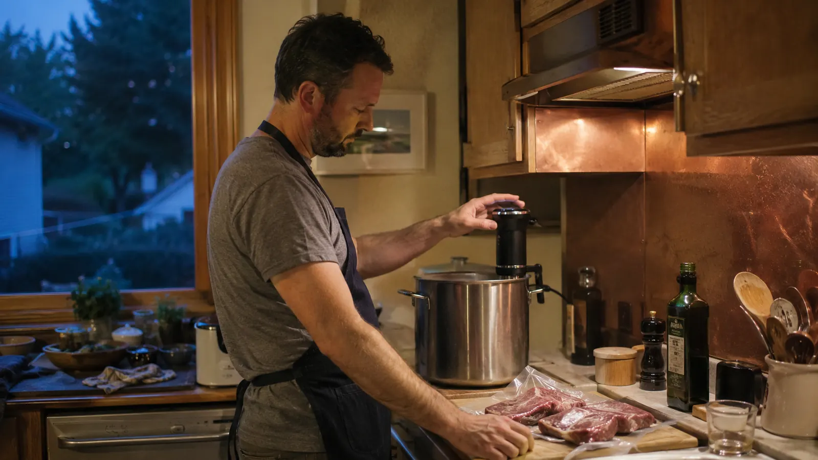 Anova Precision Cooker Nano clipped to a stockpot on a home kitchen counter with steam rising
