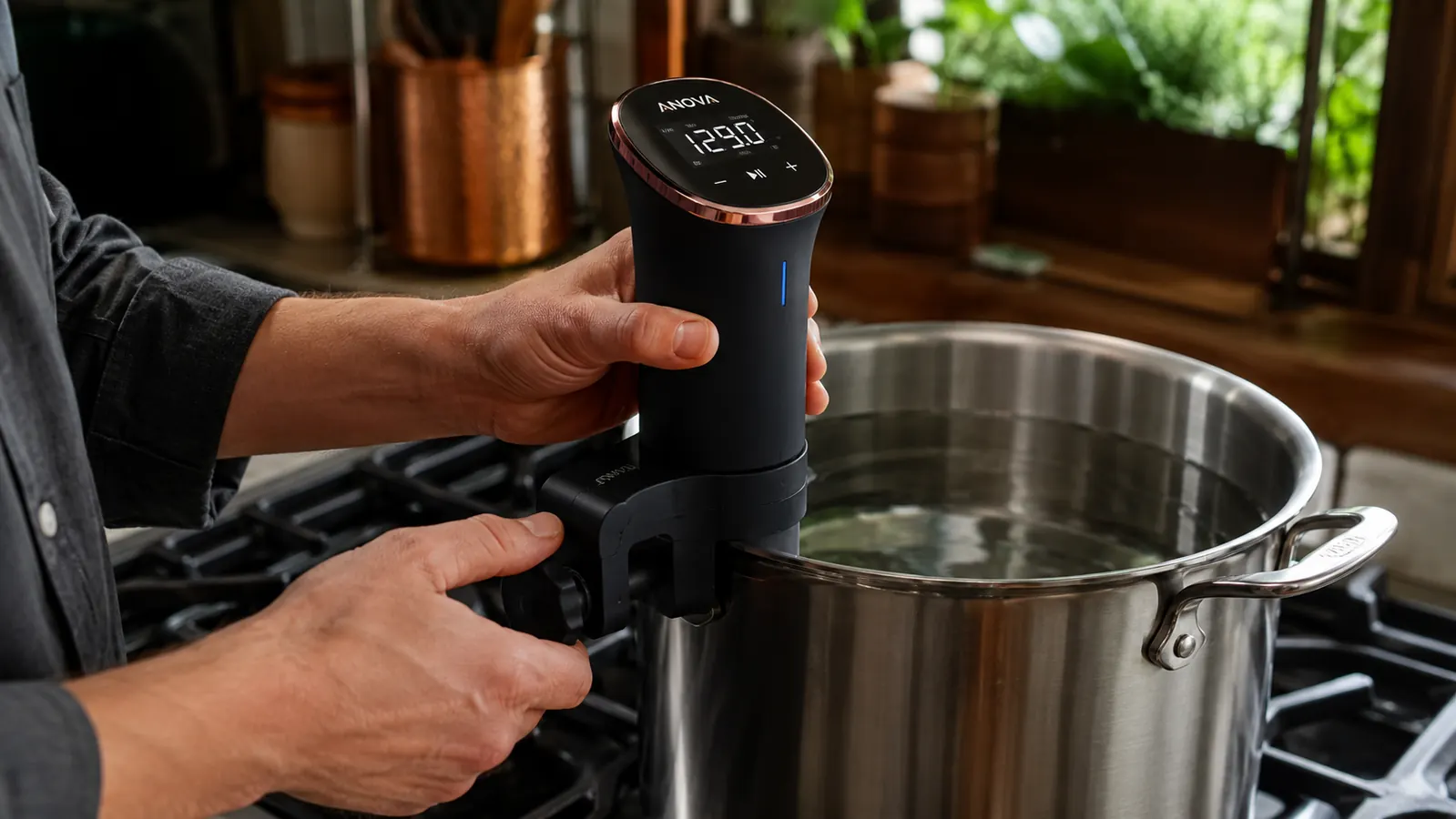 Hand clipping the Anova sous vide cooker to the side of a stockpot filled with water