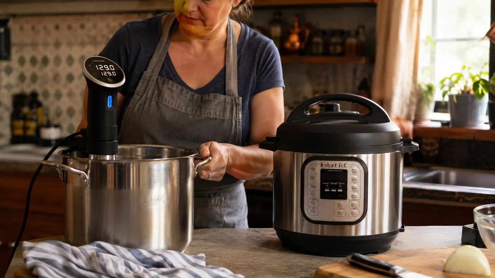 Anova sous vide cooker clipped to a pot of water next to an Instant Pot on a kitchen counter