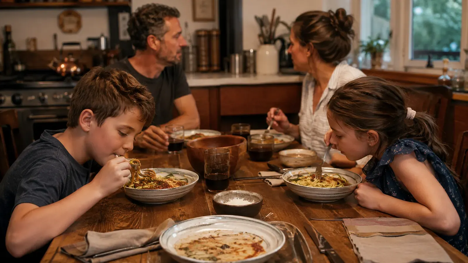 A family dinner table with two kids eating a bowl of zucchini noodles with marinara sauce, plates nearly empty