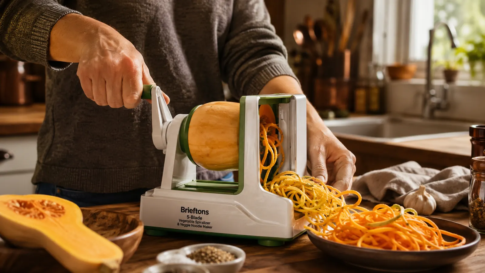 Hand pressing a butternut squash half through the Brieftons spiralizer with visible effort at the crank