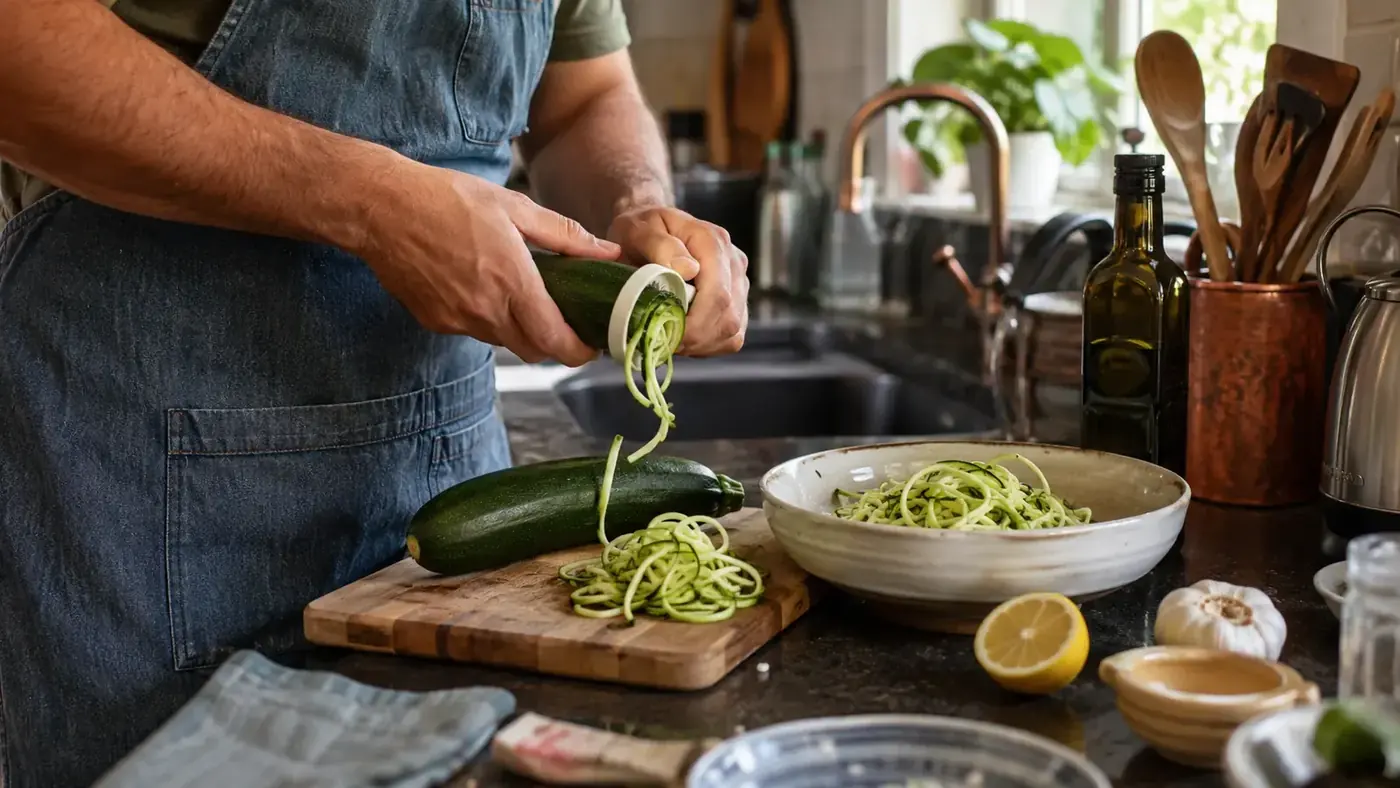 Brieftons 5-blade spiralizer sitting on a kitchen counter next to a bowl of zucchini noodles