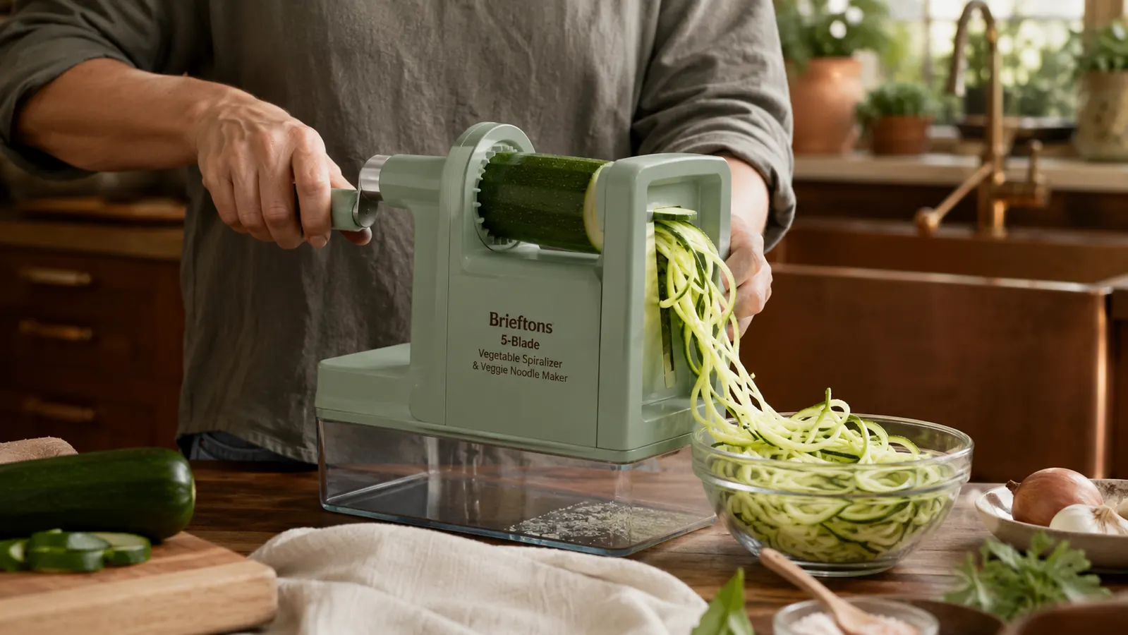 Hand cranking the Brieftons spiralizer to produce long curly zucchini noodles into a glass bowl